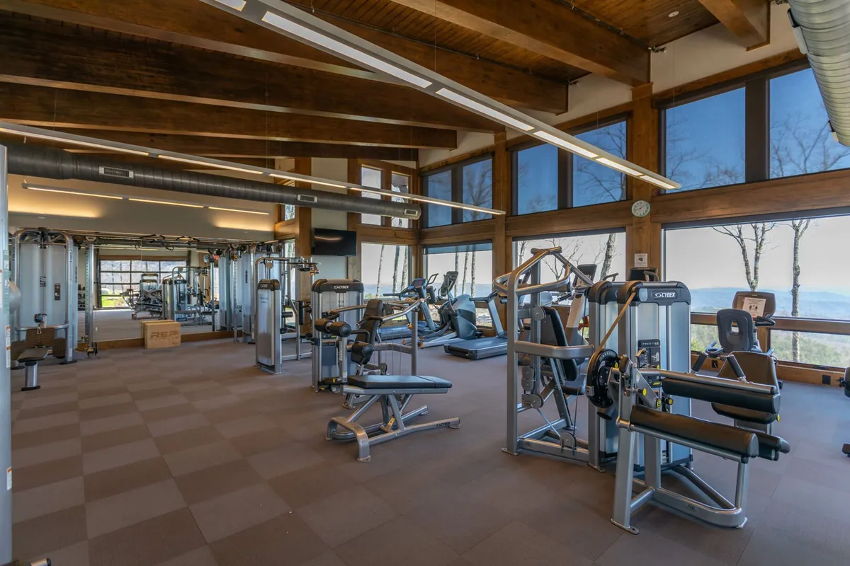 A fitness center with modern exercise machines, expansive windows flooding the space with natural light, wooden ceiling beams, and mirrors reflecting the greenery outside. The atmosphere is motivational and invigorating, ideal for physical wellness activities.