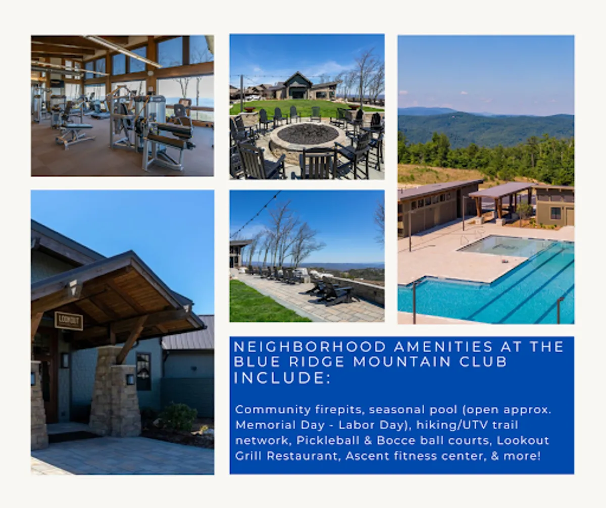 A vibrant indoor recreation hub featuring fitness equipment, a fire pit lounge area, a sparkling swimming pool, Lookout Grill dining space, and adjacent pickleball courts. The scene exudes energy, with people socializing, working out, dining, and playing sports, all set against sunset mountain views.